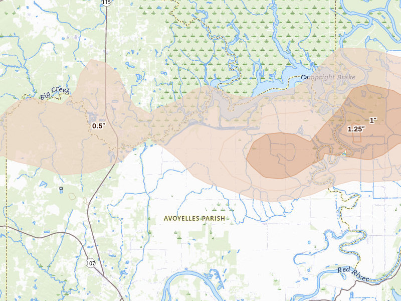 Radar-estimated hail-size map of the storm over Effie, LA on May 6, 2026
