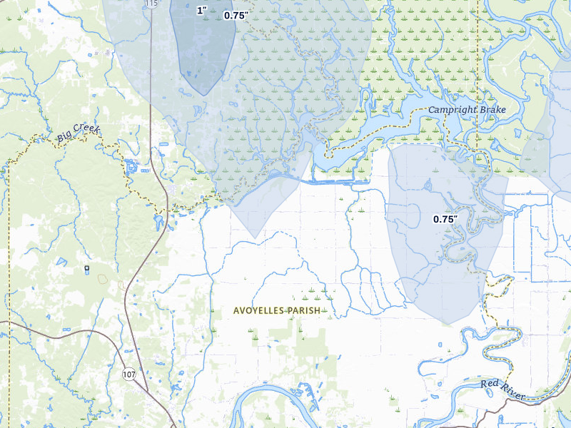 NEXRAD radar-signature map of the hail storm over Effie, LA on Jul 5, 2026