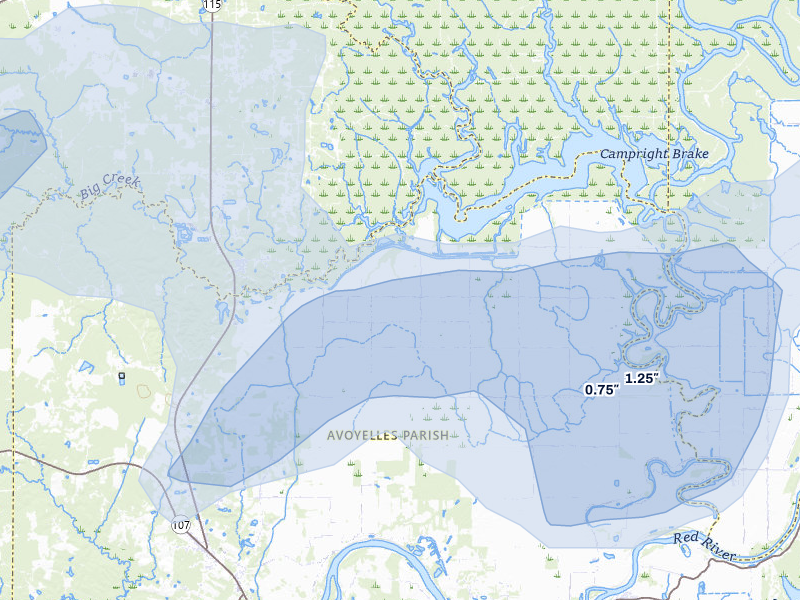 NEXRAD radar-signature map of the hail storm over Effie, LA on Jul 7, 2026
