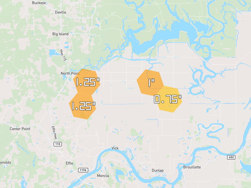 Hail map of Effie, LA on Jul 7, 2026, hail up to 1.25"