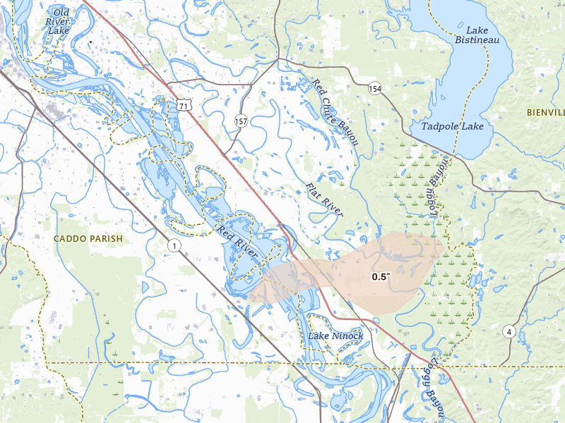Radar-estimated hail-size map of the storm over Elm Grove, LA on Jun 2, 2026