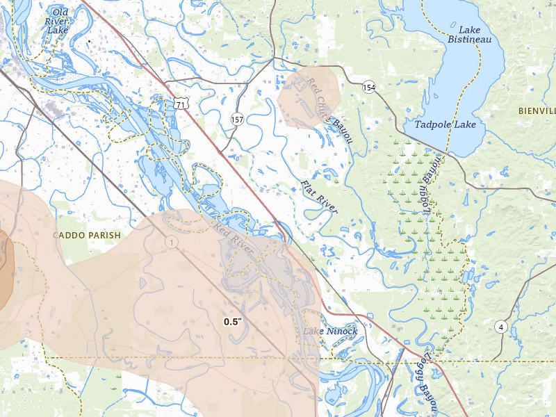 Radar-estimated hail-size map of the storm over Elm Grove, LA on Jul 6, 2026