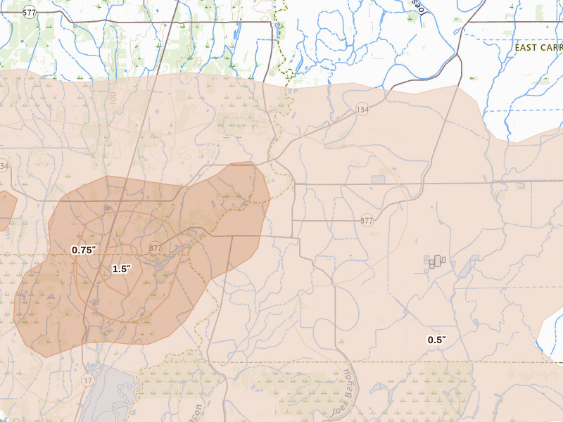 Radar-estimated hail-size map of the storm over Epps, LA on Apr 28, 2026