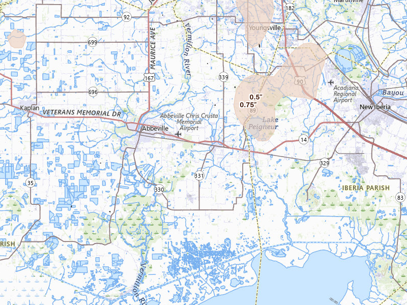 Radar-estimated hail-size map of the storm over Erath, LA on Jul 5, 2026