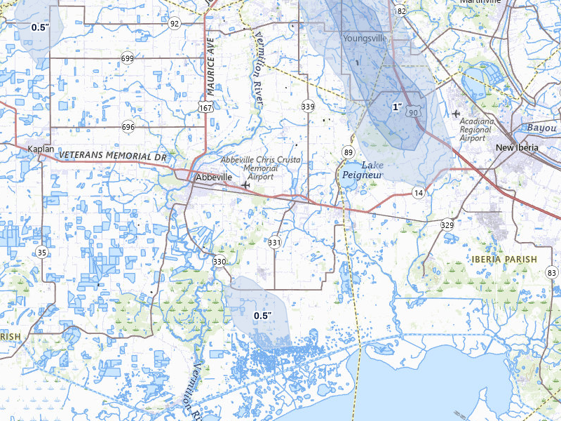NEXRAD radar-signature map of the hail storm over Erath, LA on Jul 5, 2026