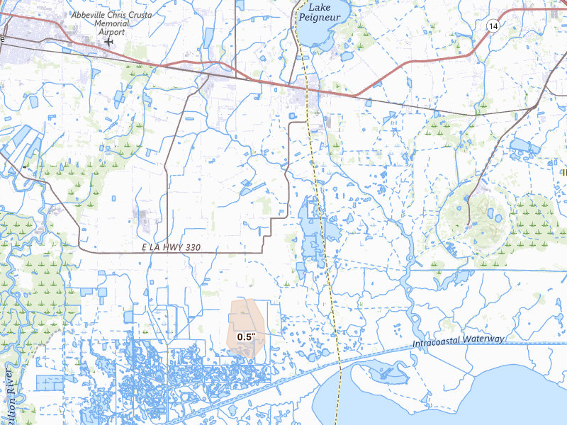 Radar-estimated hail-size map of the storm over Erath, LA on Aug 5, 2026