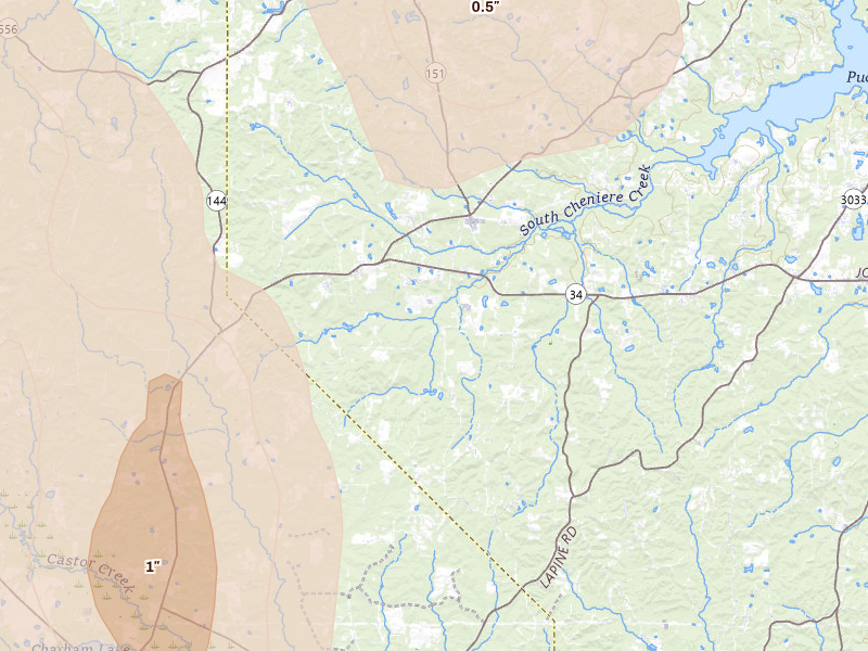 Radar-estimated hail-size map of the storm over Eros, LA on Jun 22, 2026