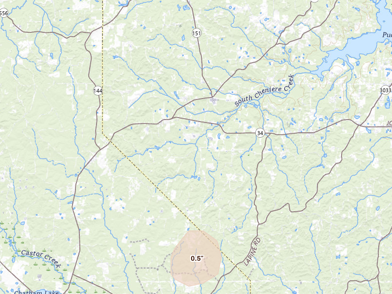 Radar-estimated hail-size map of the storm over Eros, LA on Jul 4, 2026