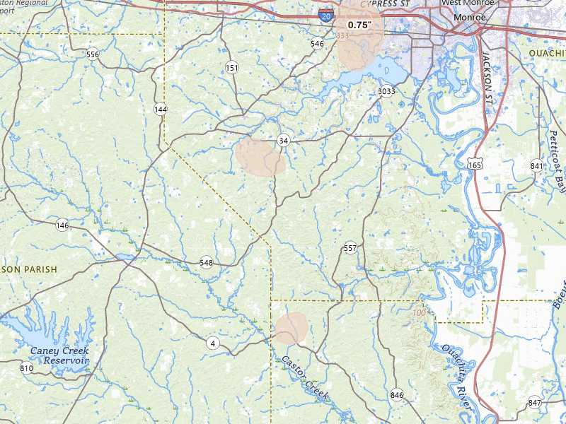 Radar-estimated hail-size map of the storm over Eros, LA on Aug 6, 2026