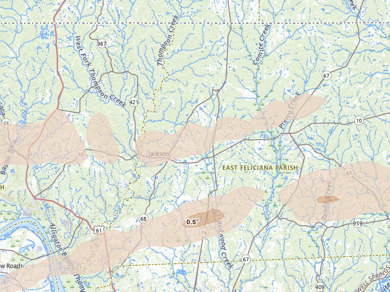 Radar-estimated hail-size map of the storm over Ethel, LA on May 8, 2026
