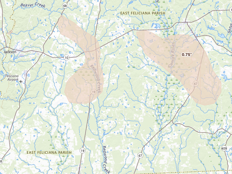 Radar-estimated hail-size map of the storm over Ethel, LA on Aug 21, 2026