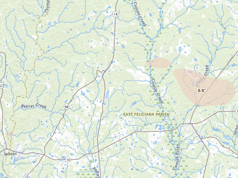 Radar-estimated hail-size map of the storm over Ethel, LA on Aug 23, 2026
