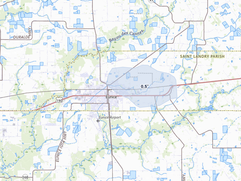 NEXRAD radar-signature map of the hail storm over Eunice, LA on May 8, 2026