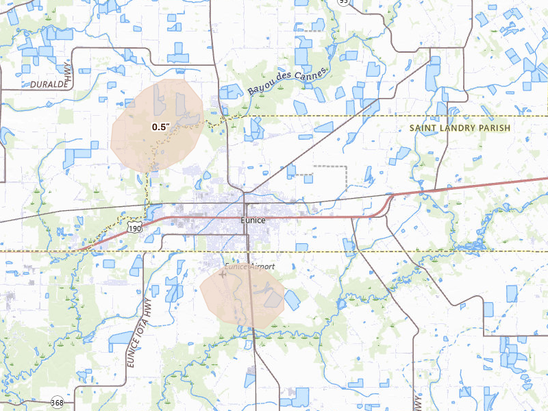 Radar-estimated hail-size map of the storm over Eunice, LA on Jul 5, 2026