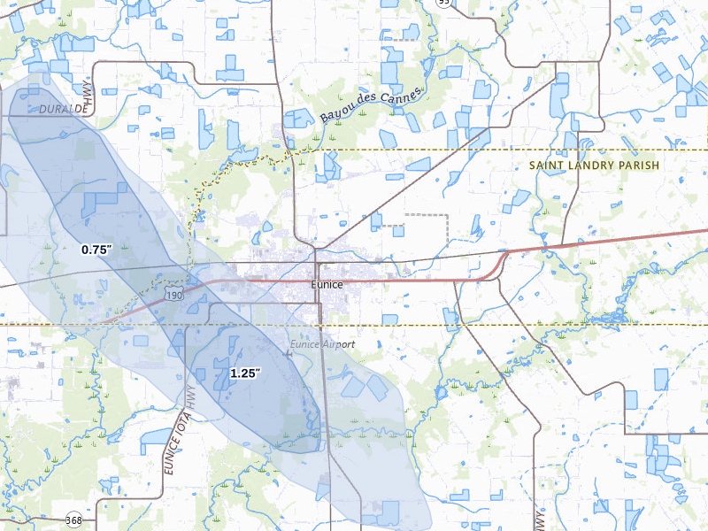 NEXRAD radar-signature map of the hail storm over Eunice, LA on Jul 5, 2026