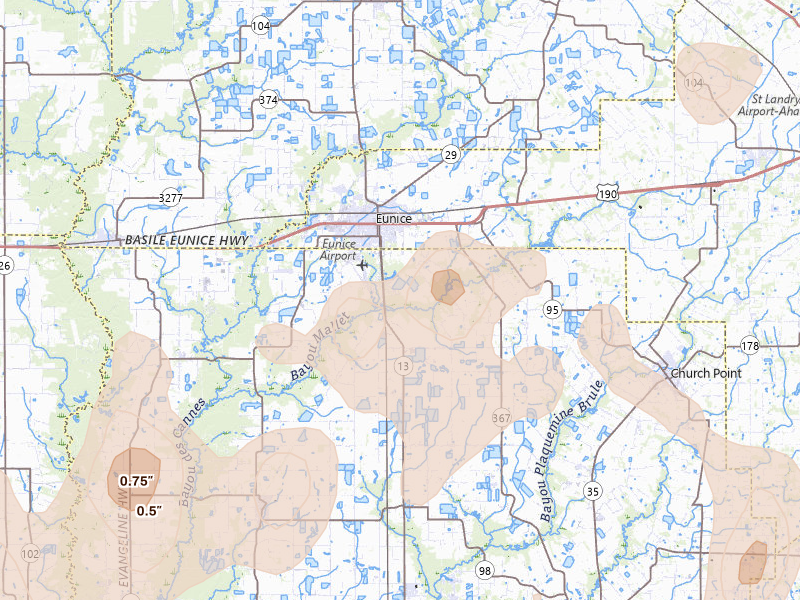 Radar-estimated hail-size map of the storm over Eunice, LA on Aug 21, 2026