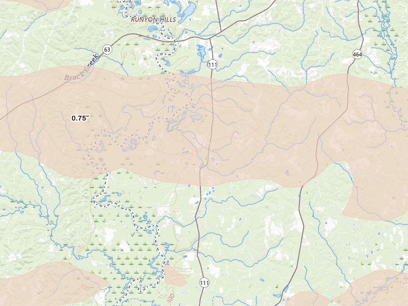 Radar-estimated hail-size map of the storm over Evans, LA on Mar 15, 2026