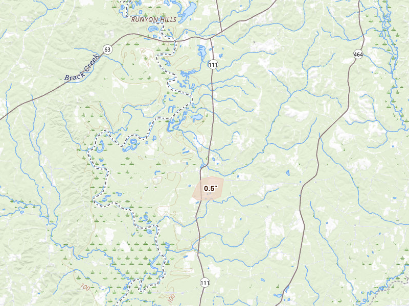 Radar-estimated hail-size map of the storm over Evans, LA on May 6, 2026