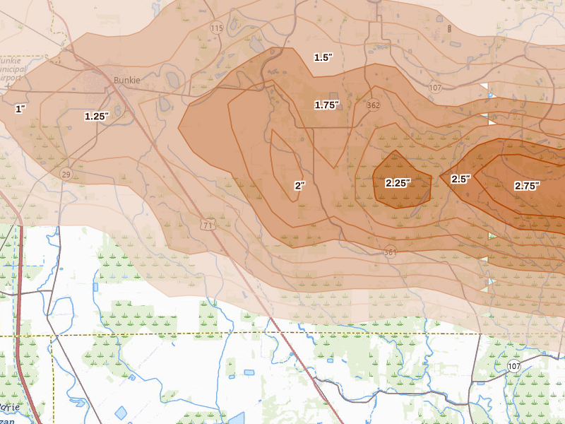 Radar-estimated hail-size map of the storm over Evergreen, LA on May 8, 2026