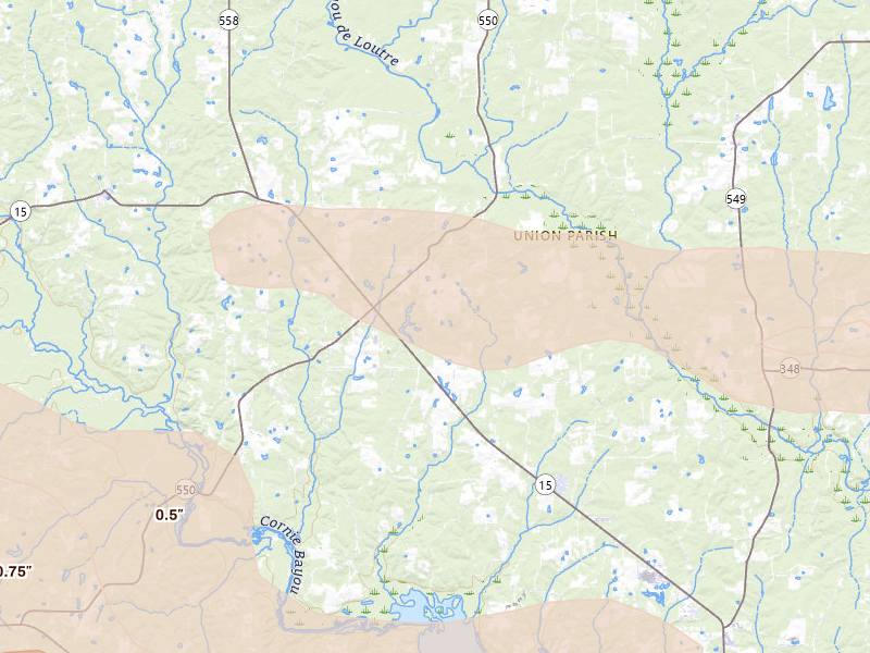 Radar-estimated hail-size map of the storm over Farmerville, LA on Apr 29, 2026