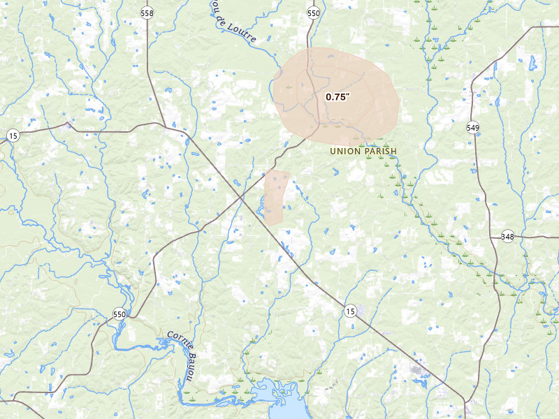 Radar-estimated hail-size map of the storm over Farmerville, LA on Jun 1, 2026