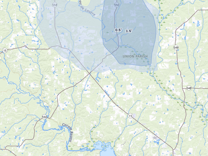NEXRAD radar-signature map of the hail storm over Farmerville, LA on Jun 1, 2026