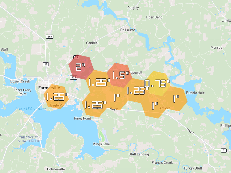 Hail map of Farmerville, LA on Jul 4, 2026, hail up to 2"
