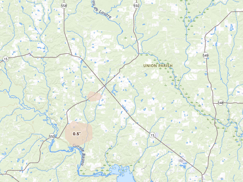 Radar-estimated hail-size map of the storm over Farmerville, LA on Aug 8, 2026