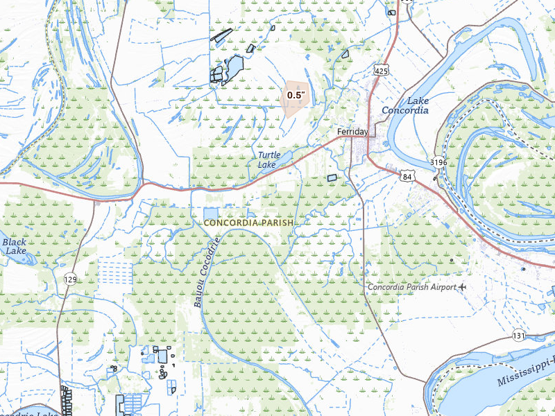 Radar-estimated hail-size map of the storm over Ferriday, LA on Mar 7, 2026
