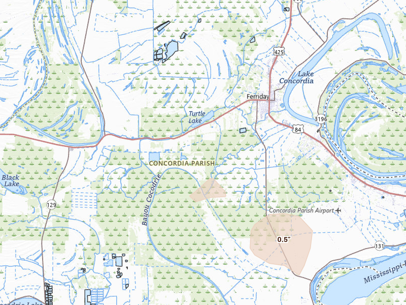 Radar-estimated hail-size map of the storm over Ferriday, LA on Jun 19, 2026