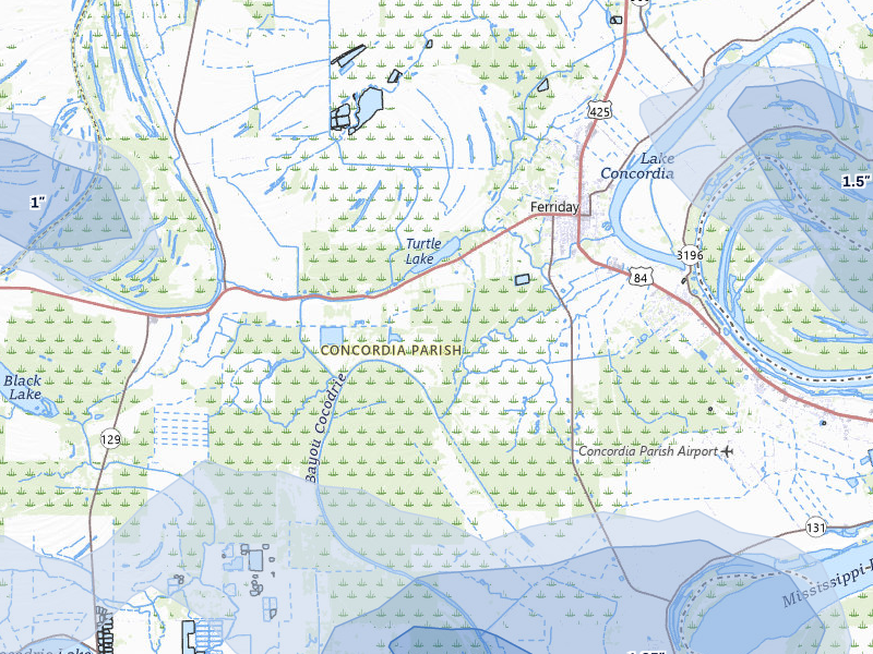 NEXRAD radar-signature map of the hail storm over Ferriday, LA on Jul 1, 2026