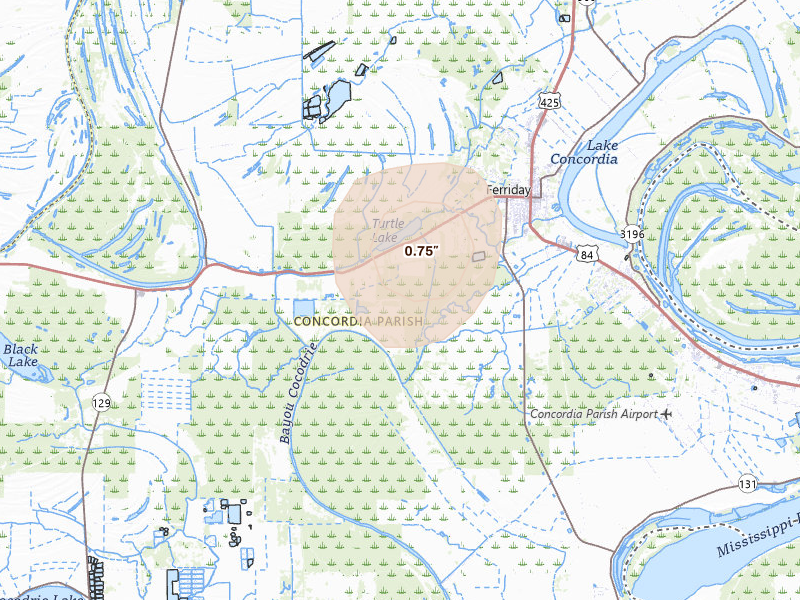 Radar-estimated hail-size map of the storm over Ferriday, LA on Aug 6, 2026