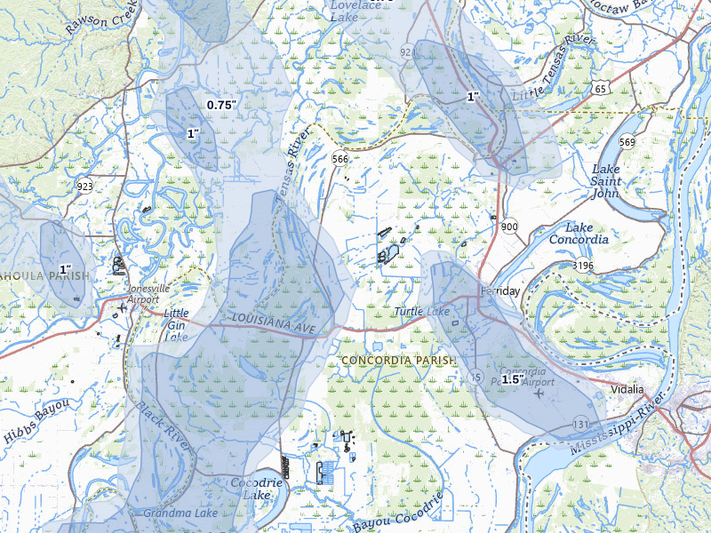NEXRAD radar-signature map of the hail storm over Ferriday, LA on Aug 21, 2026