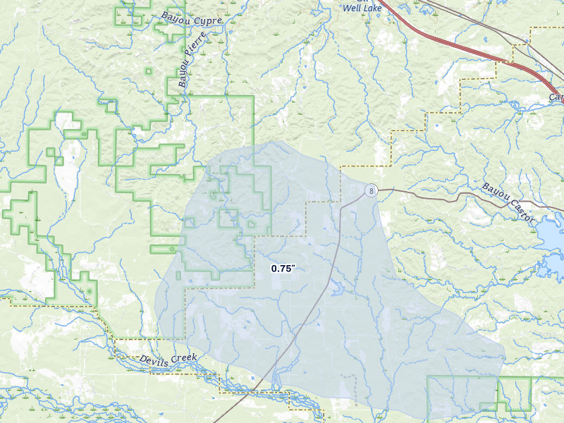 NEXRAD radar-signature map of the hail storm over Flatwoods, LA on Jul 5, 2026