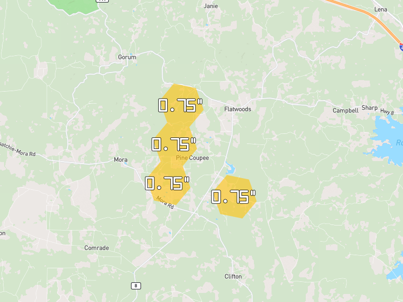Hail map of Flatwoods, LA on Jul 5, 2026, hail up to 0.75"