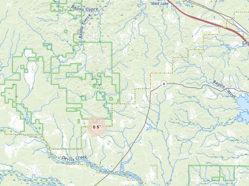 Radar-estimated hail-size map of the storm over Flatwoods, LA on Aug 6, 2026
