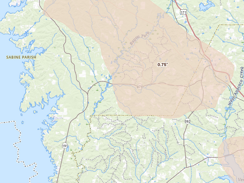 Radar-estimated hail-size map of the storm over Florien, LA on Apr 24, 2026