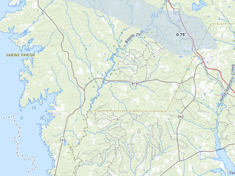 NEXRAD radar-signature map of the hail storm over Florien, LA on Apr 29, 2026