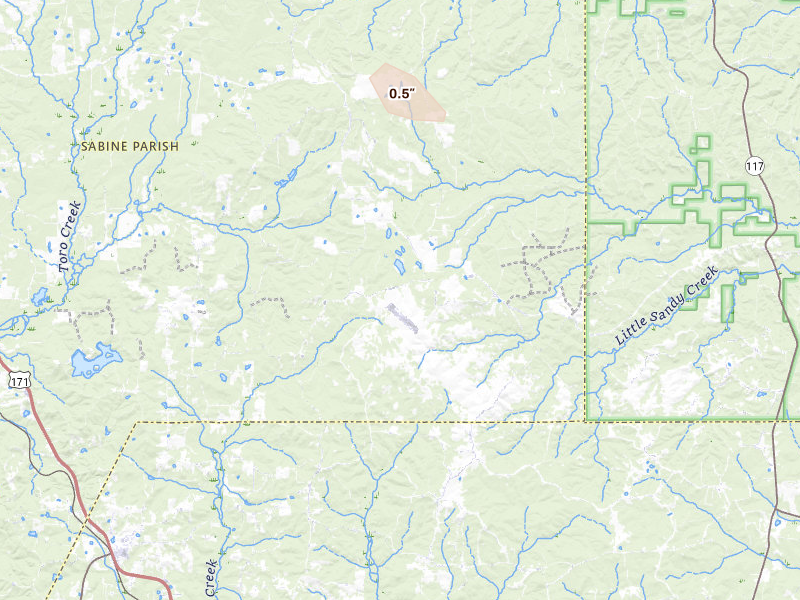 Radar-estimated hail-size map of the storm over Florien, LA on May 30, 2026