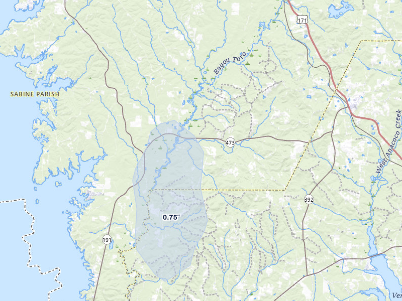 NEXRAD radar-signature map of the hail storm over Florien, LA on Jun 2, 2026