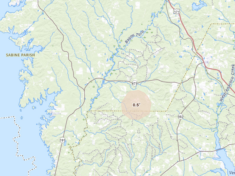 Radar-estimated hail-size map of the storm over Florien, LA on Jul 5, 2026
