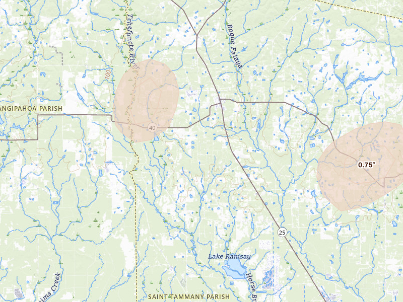 Radar-estimated hail-size map of the storm over Folsom, LA on Aug 18, 2026