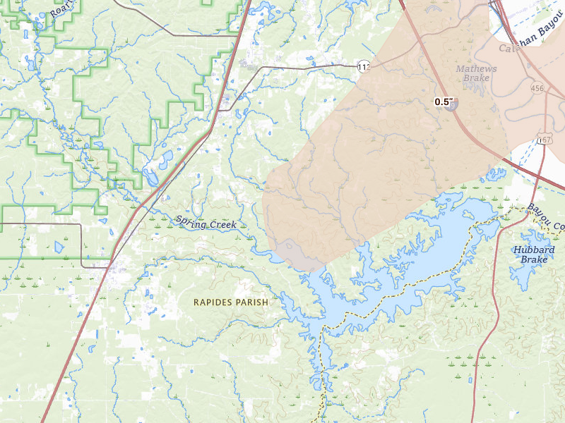 Radar-estimated hail-size map of the storm over Forest Hill, LA on Jun 19, 2026