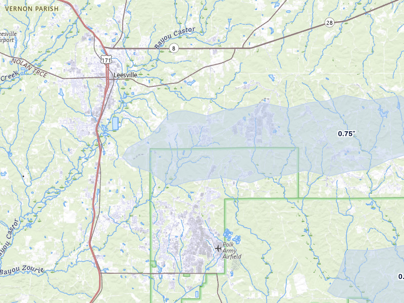 NEXRAD radar-signature map of the hail storm over Fort Polk, LA on May 6, 2026