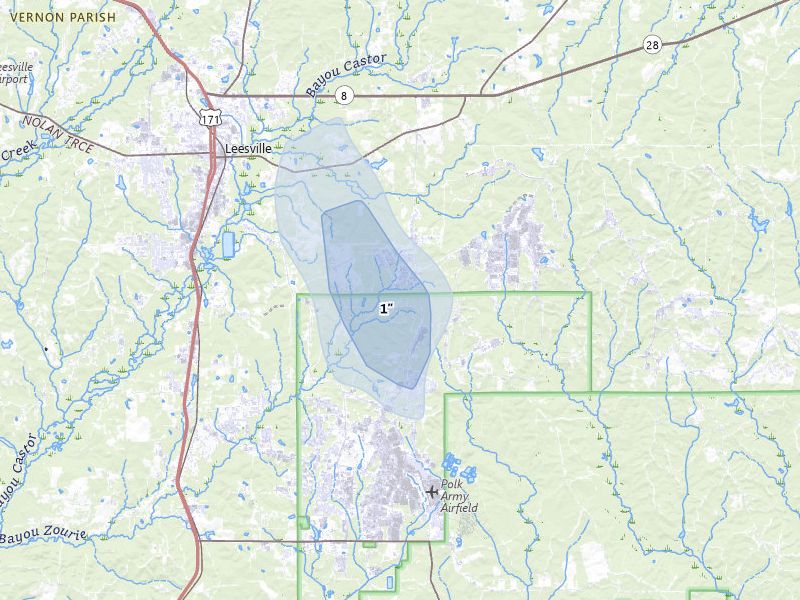 NEXRAD radar-signature map of the hail storm over Fort Polk, LA on Jun 1, 2026