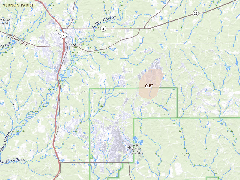 Radar-estimated hail-size map of the storm over Fort Polk, LA on Jul 3, 2026