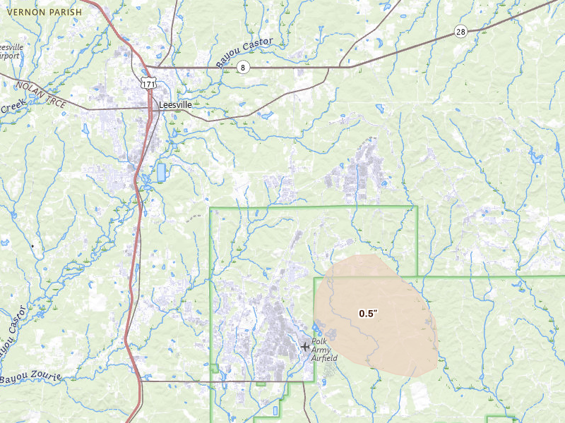 Radar-estimated hail-size map of the storm over Fort Polk, LA on Jul 6, 2026
