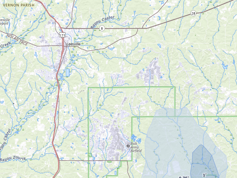 NEXRAD radar-signature map of the hail storm over Fort Polk, LA on Jul 6, 2026