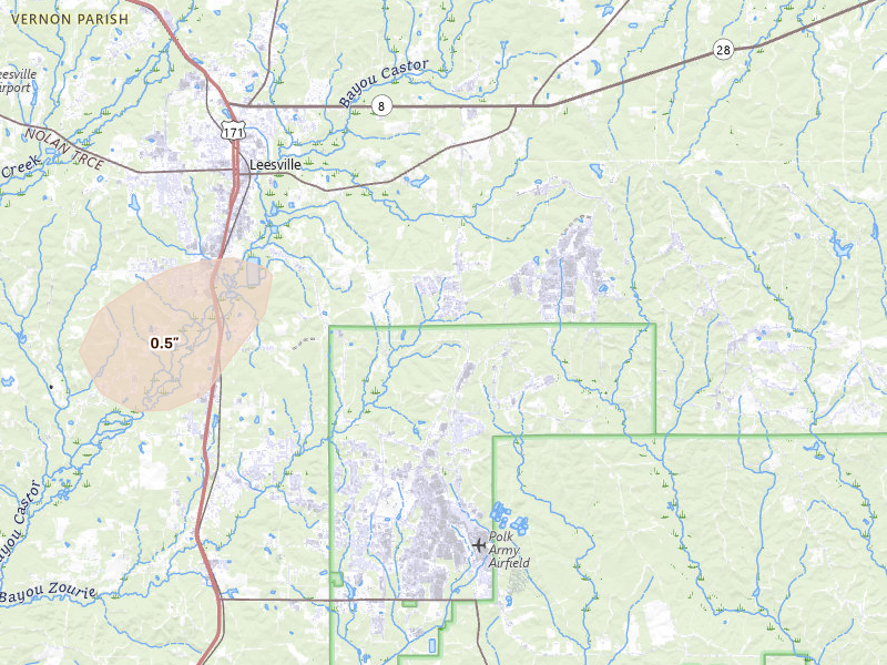 Radar-estimated hail-size map of the storm over Fort Polk, LA on Jul 7, 2026