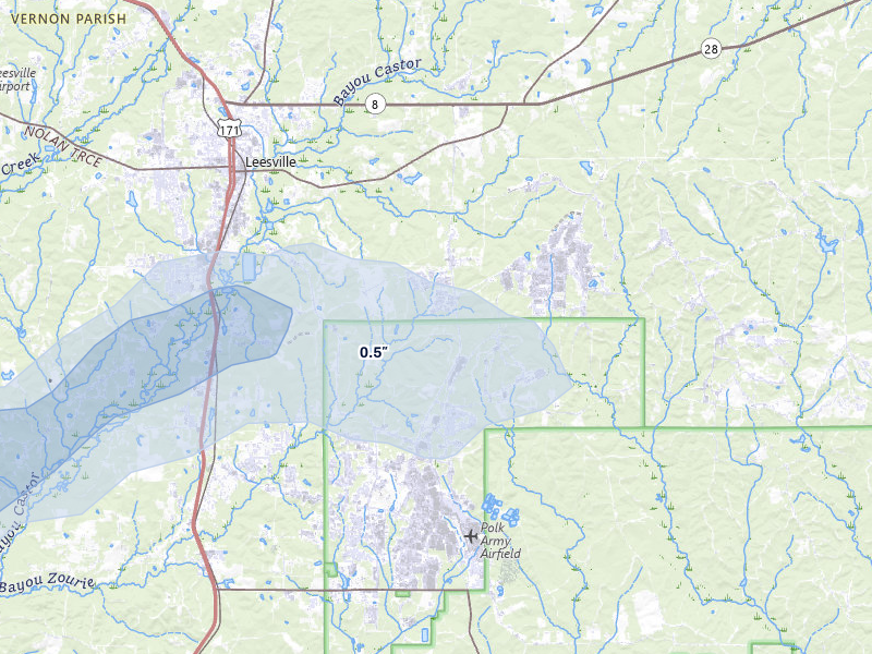 NEXRAD radar-signature map of the hail storm over Fort Polk, LA on Jul 7, 2026